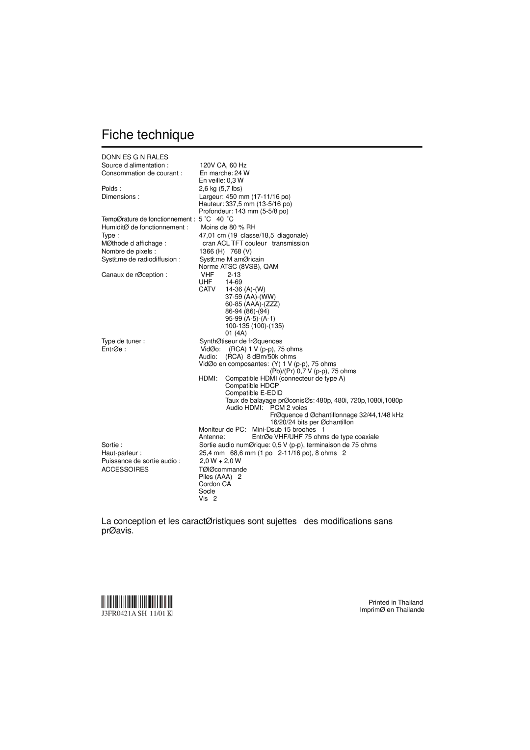 Sansui SLED1928 owner manual Fiche technique, Données Générales, Accessoires 