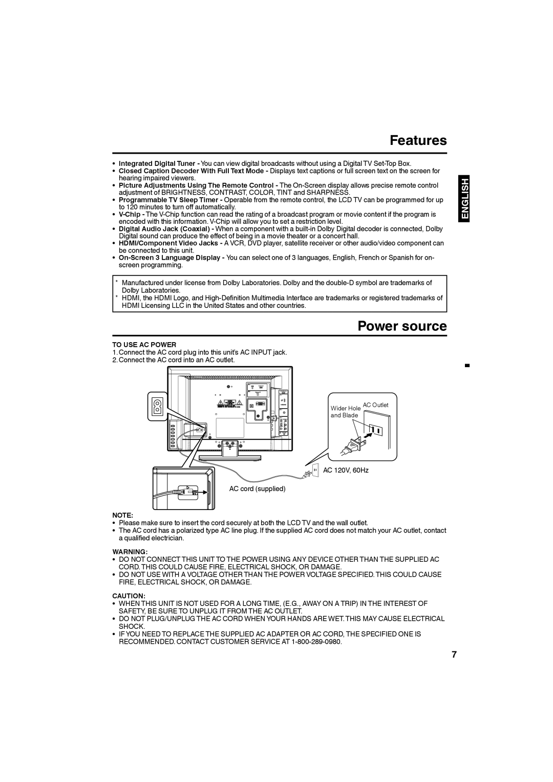 Sansui SLED1928 owner manual Features, Power source, To USE AC Power 