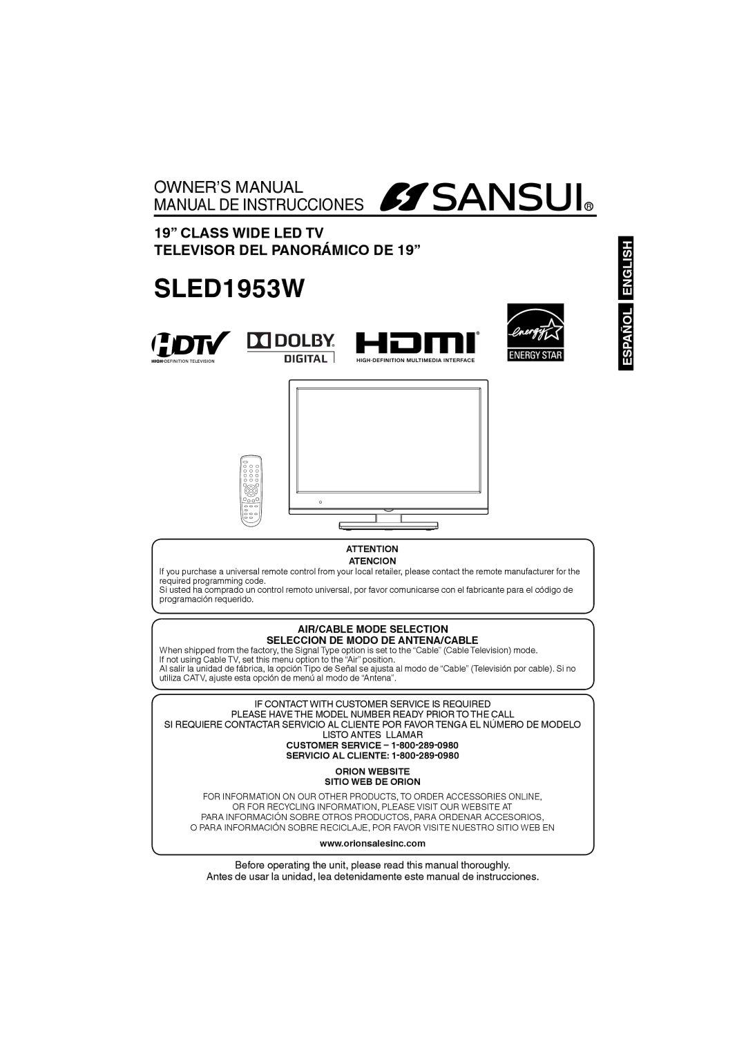 Sansui SLED1953W owner manual Atencion, Customer Service Servicio AL Cliente, Orion Website Sitio WEB DE Orion 