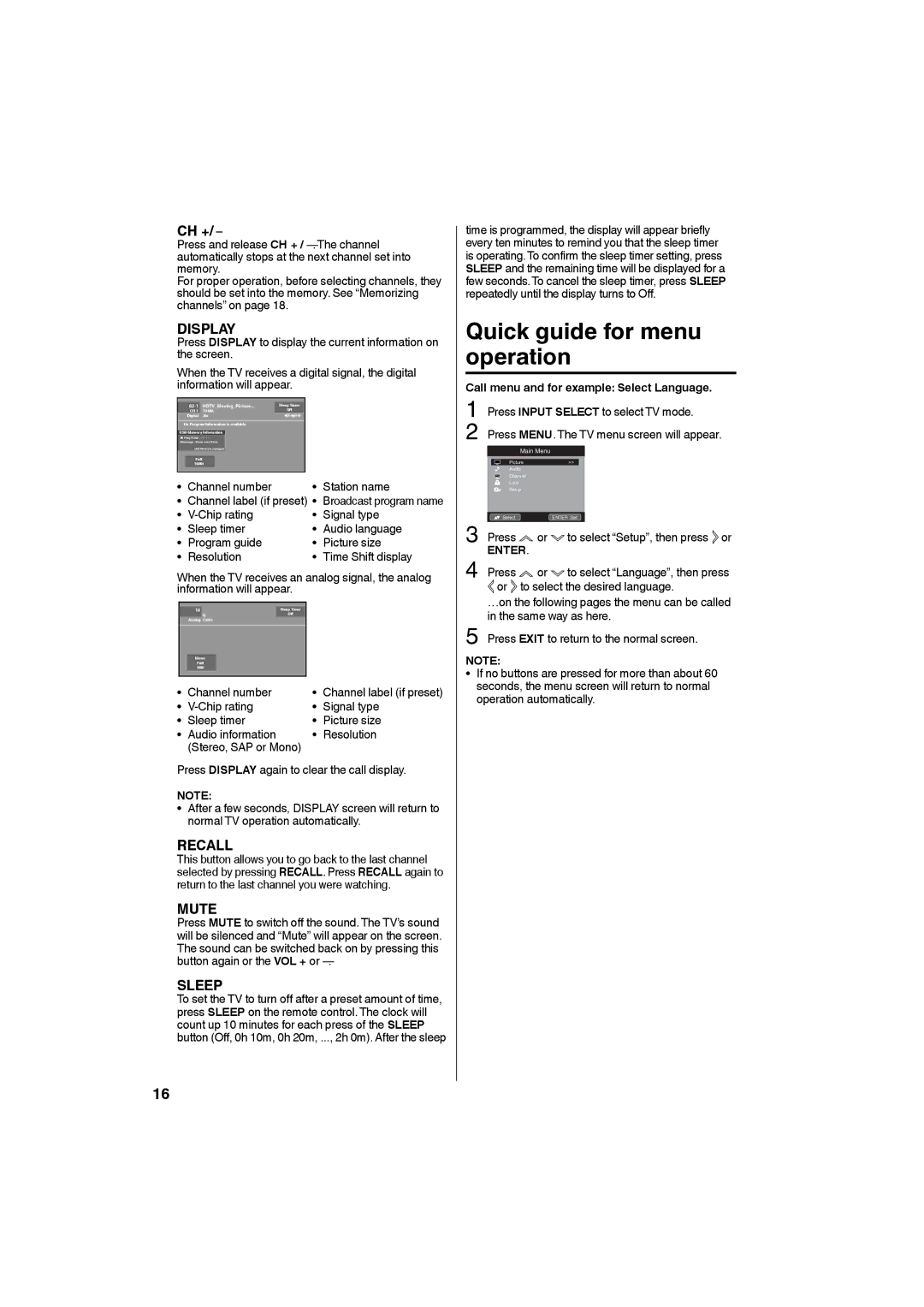 Sansui SLED1953W owner manual Quick guide for menu operation 