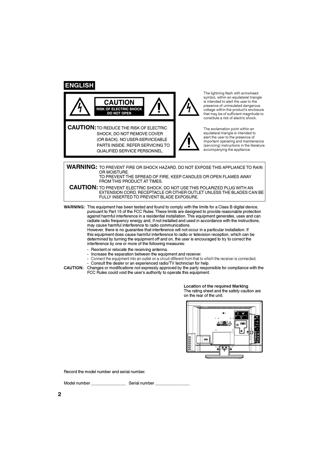 Sansui SLED1953W owner manual English, Location of the required Marking 