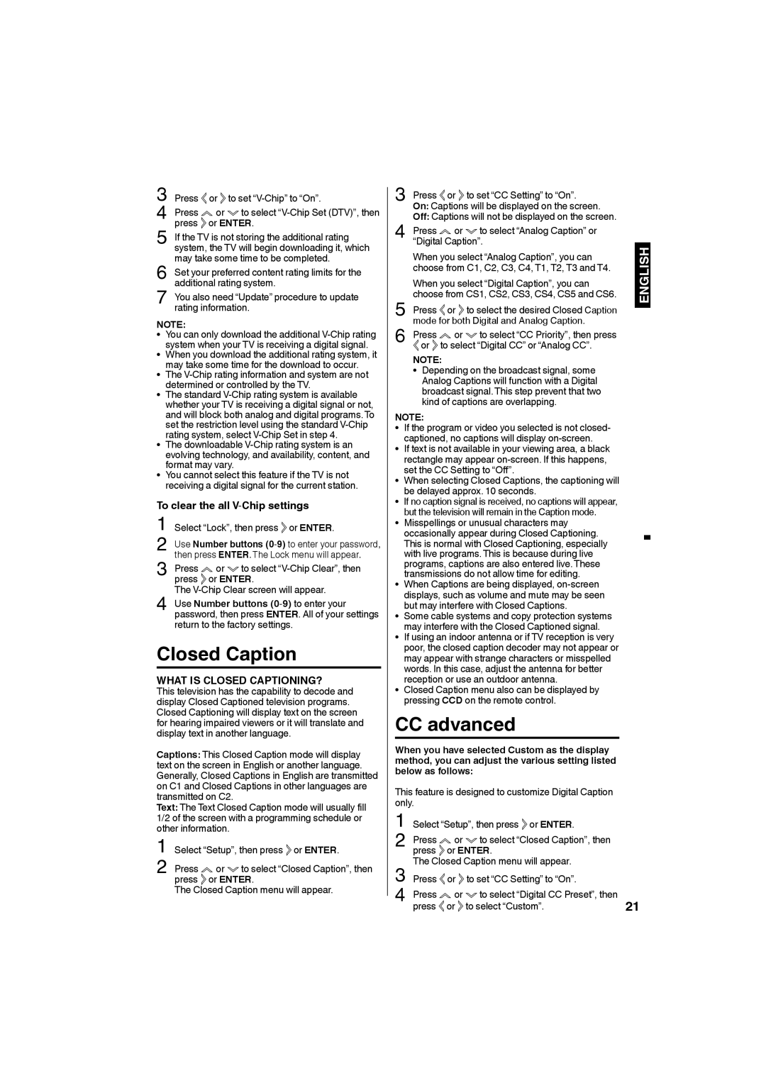 Sansui SLED1953W owner manual Closed Caption, CC advanced, To clear the all V-Chip settings 