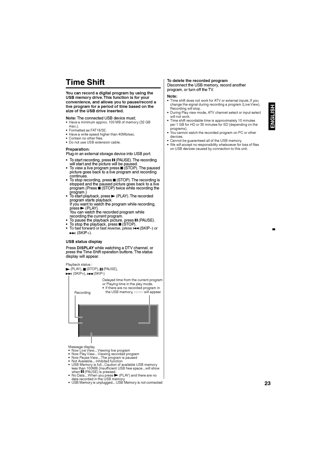 Sansui SLED1953W owner manual Time Shift, Preparation, USB status display 