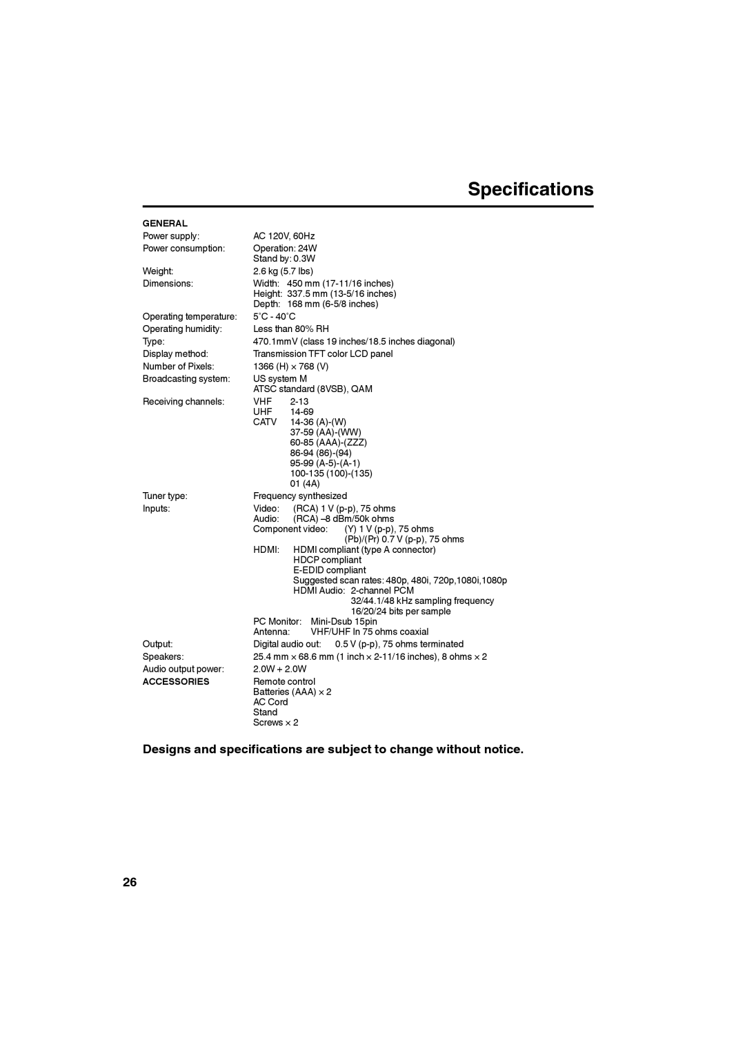 Sansui SLED1953W owner manual Specifications, General, Accessories 