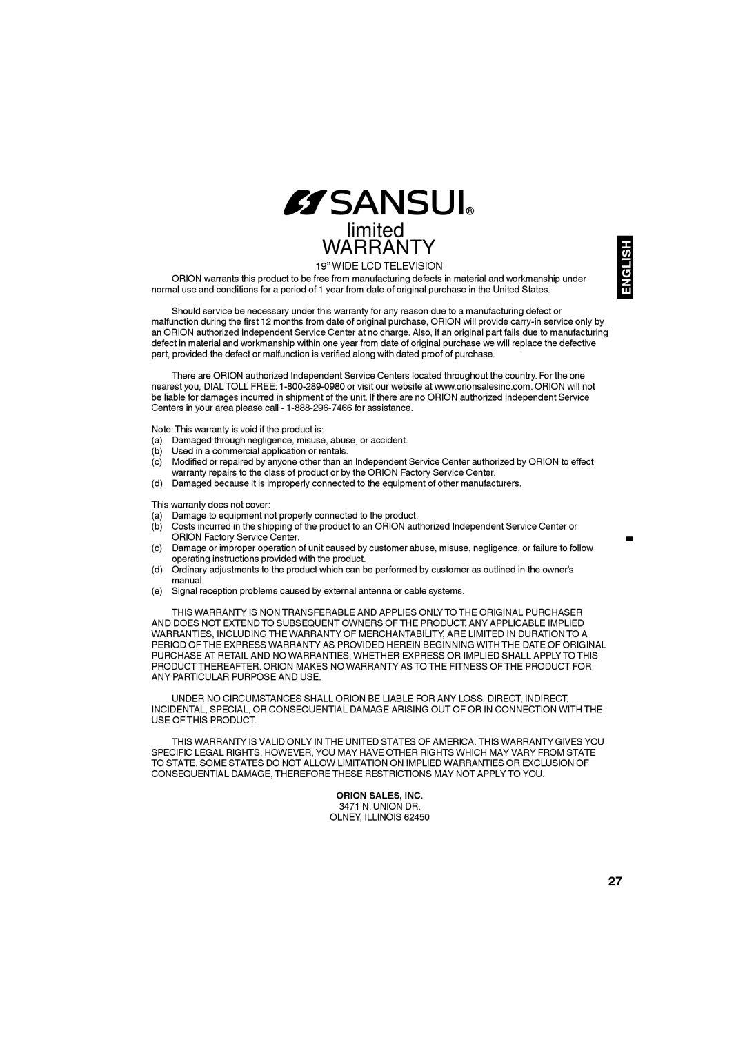 Sansui SLED1953W owner manual Orion SALES, INC, 3471 N. Union DR 