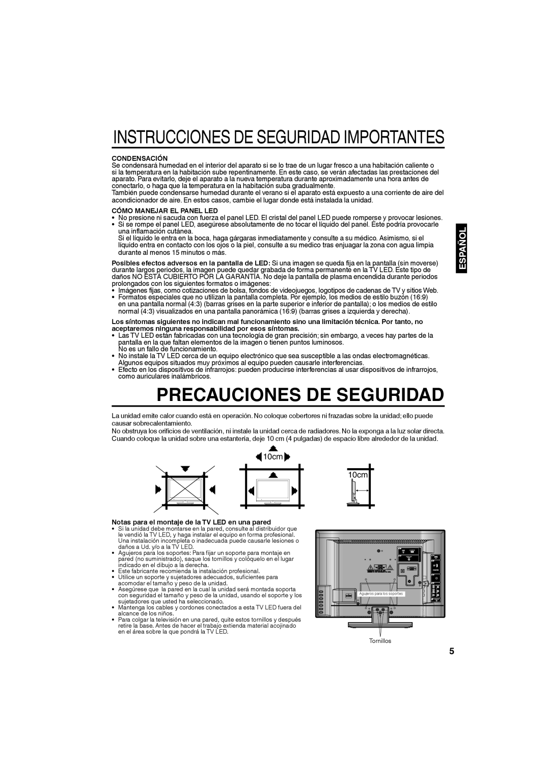 Sansui SLED1953W owner manual Condensación, Cómo Manejar EL Panel LED, Notas para el montaje de la TV LED en una pared 