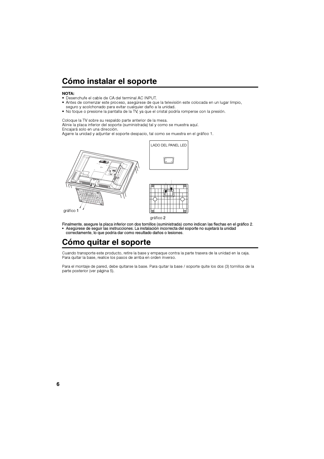 Sansui SLED1953W owner manual Cómo instalar el soporte, Cómo quitar el soporte, Nota 