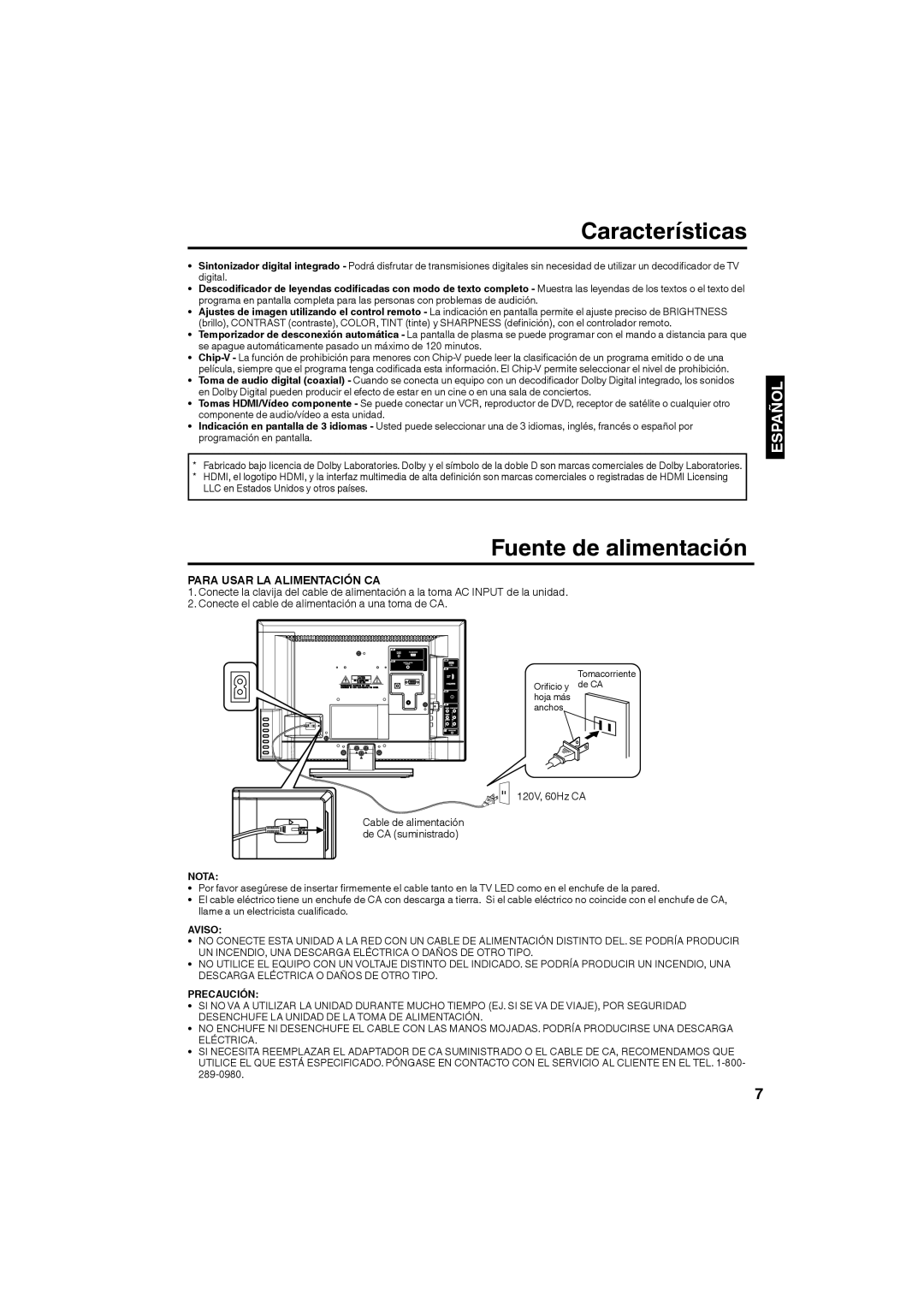 Sansui SLED1953W owner manual Características, Fuente de alimentación, Para Usar LA Alimentación CA 