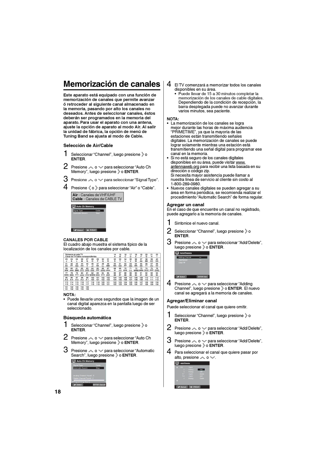 Sansui SLED1953W owner manual Memorización de canales, Selección de Air/Cable, Búsqueda automática, Agregar un canal 