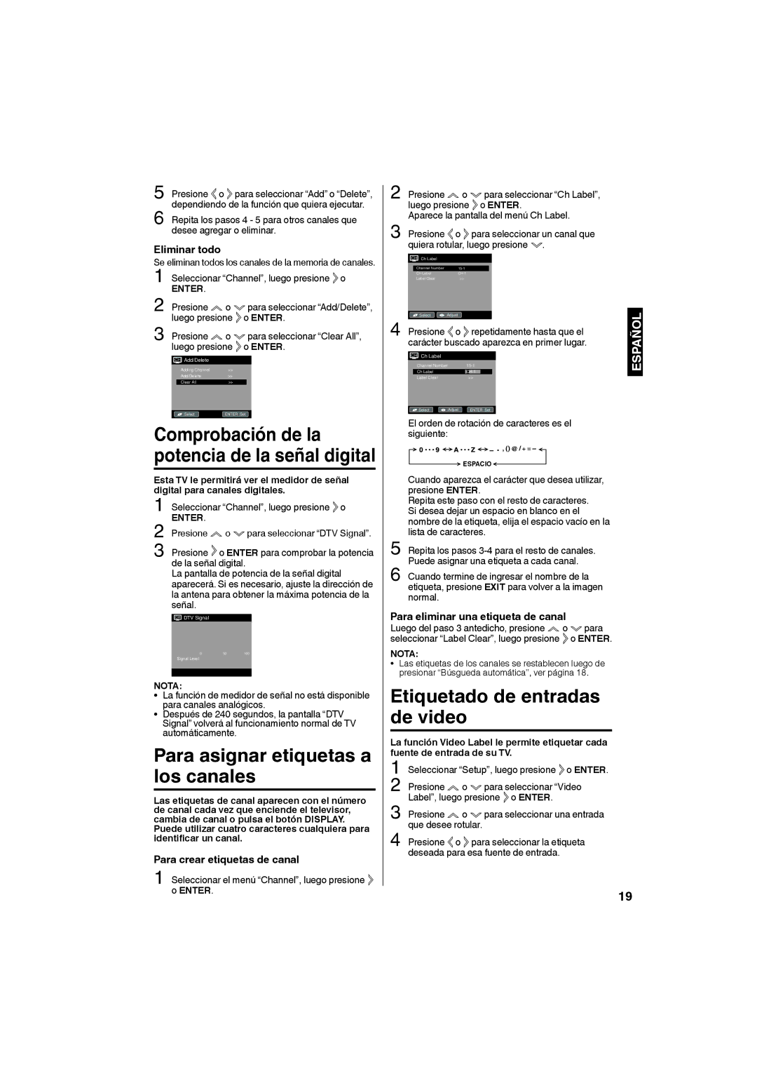 Sansui SLED1953W owner manual Para asignar etiquetas a los canales, Eliminar todo, Para crear etiquetas de canal 