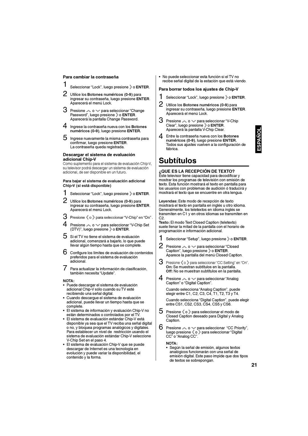 Sansui SLED1953W owner manual Subtítulos, Para cambiar la contraseña, Descargar el sistema de evaluación adicional Chip-V 