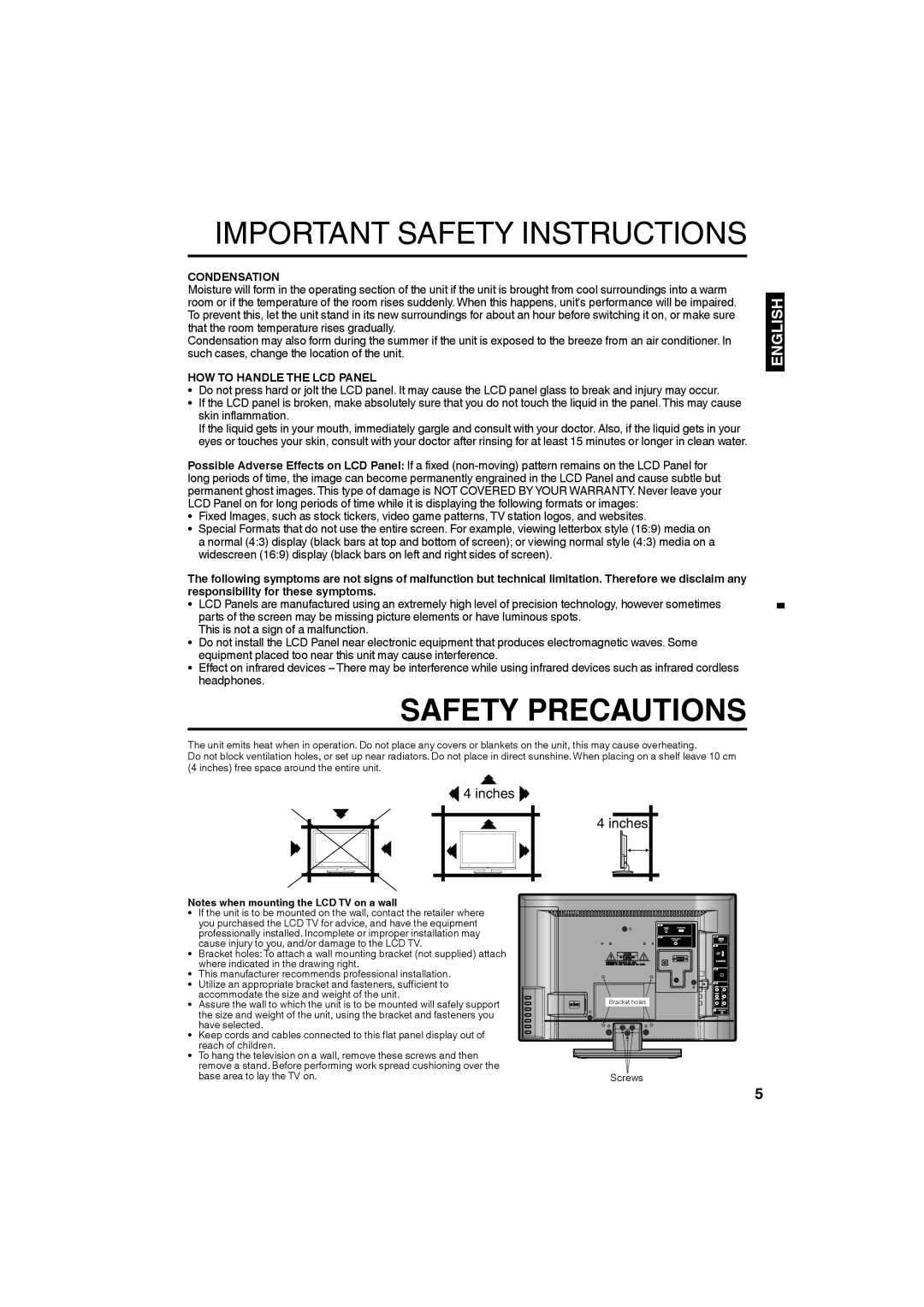 Sansui SLED1953W owner manual Condensation, HOW to Handle the LCD Panel 