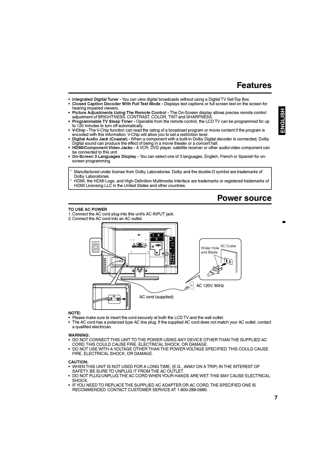 Sansui SLED1953W owner manual Features, Power source, To USE AC Power 