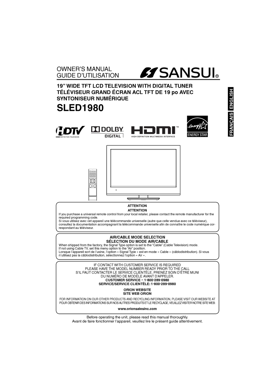 Sansui SLED1980 owner manual Guide D’UTILISATION, SERVICE/SERVICE Clientèle Orion Website Site WEB Orion 