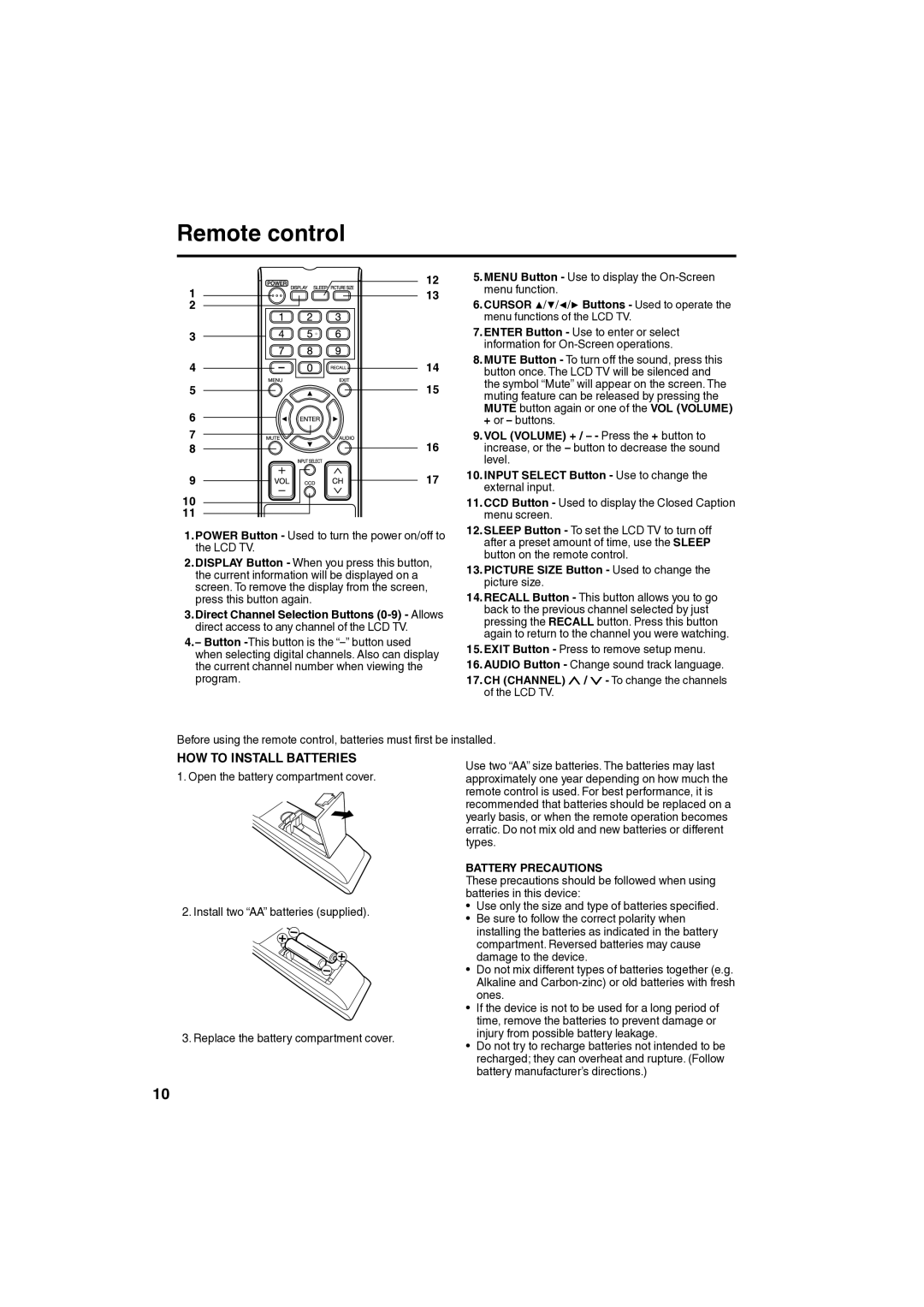 Sansui SLED1980 owner manual Remote control, Increase, or the button to decrease the sound level, Battery Precautions 