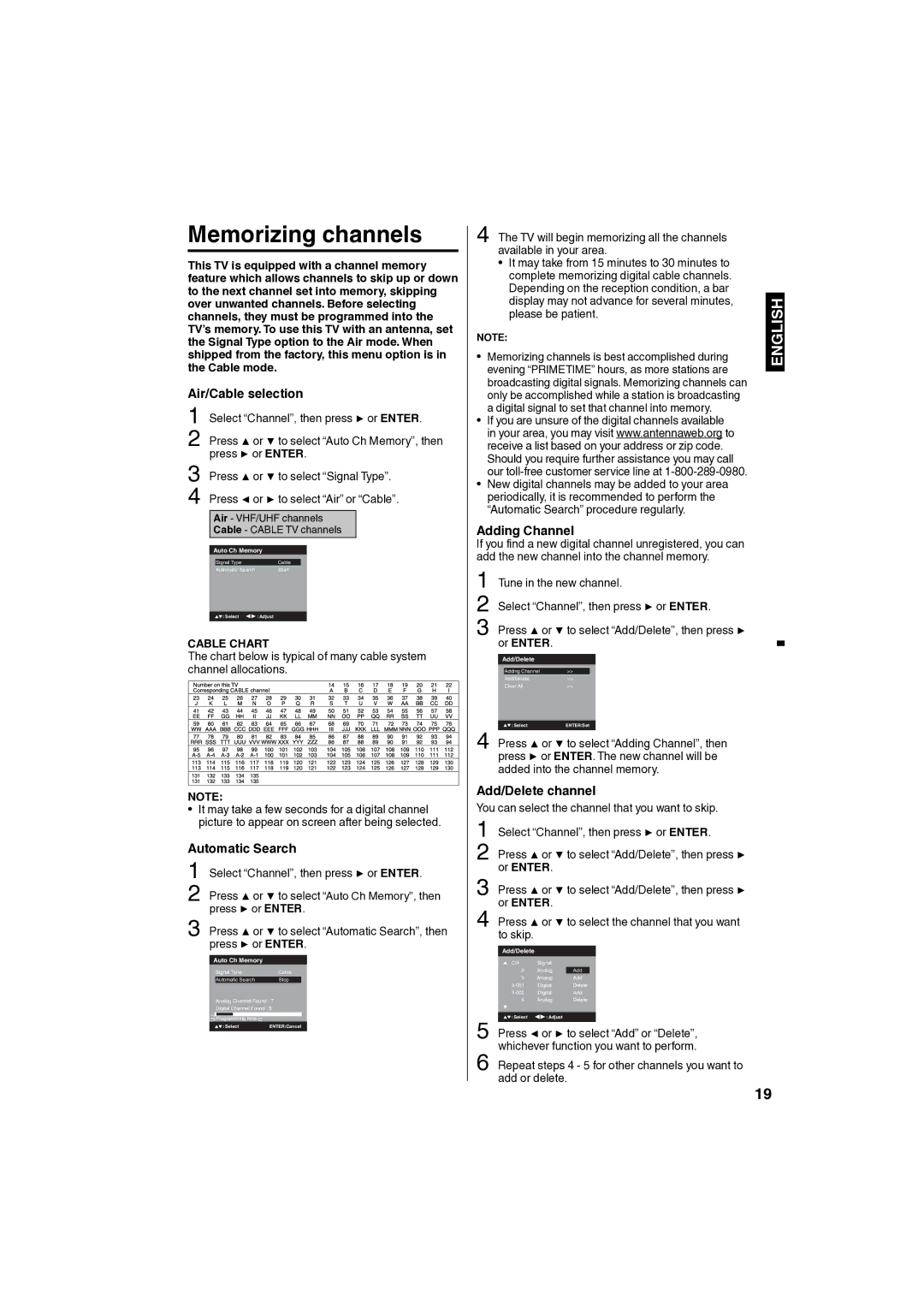 Sansui SLED1980 owner manual Memorizing channels, Air/Cable selection, Automatic Search, Adding Channel, Add/Delete channel 