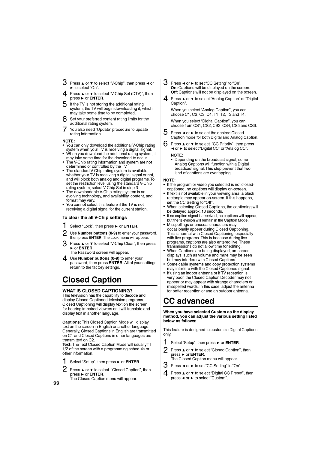 Sansui SLED1980 owner manual Closed Caption, CC advanced, To clear the all V-Chip settings 