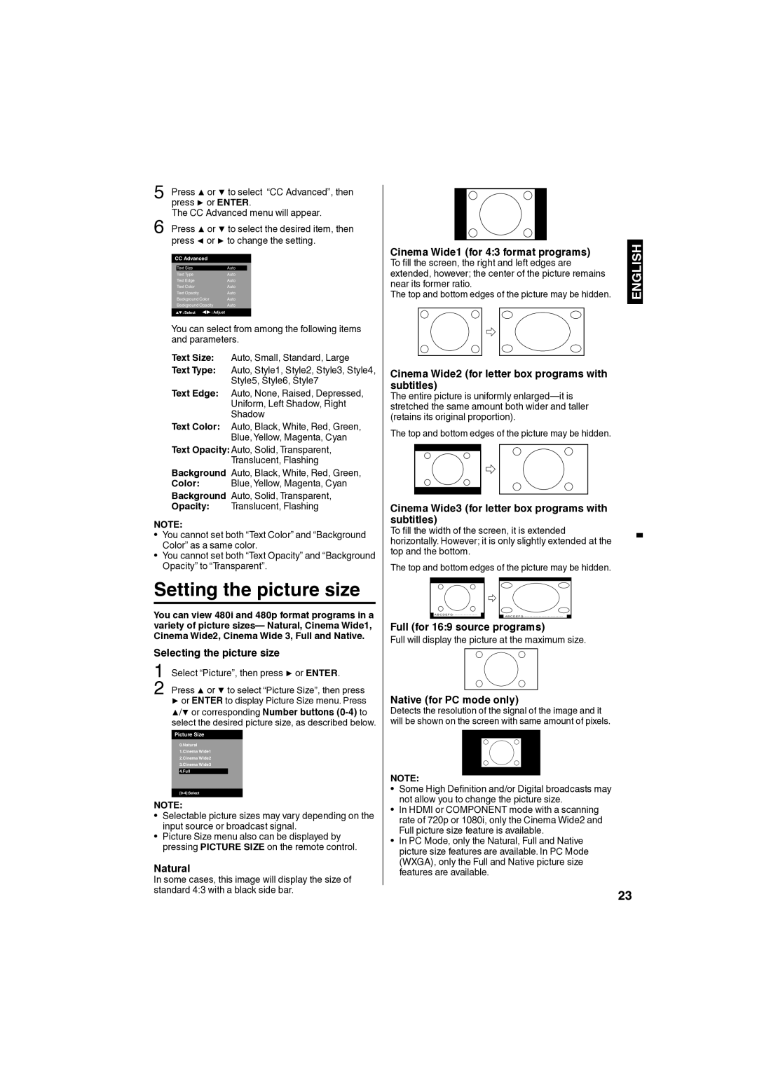 Sansui SLED1980 owner manual Setting the picture size 