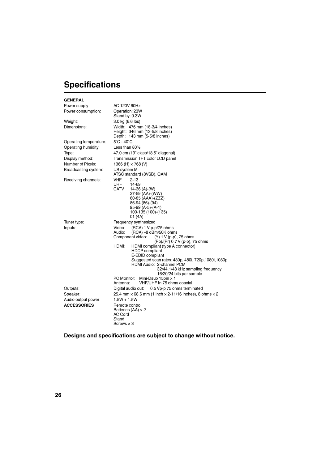 Sansui SLED1980 owner manual Specifications, General, Accessories 