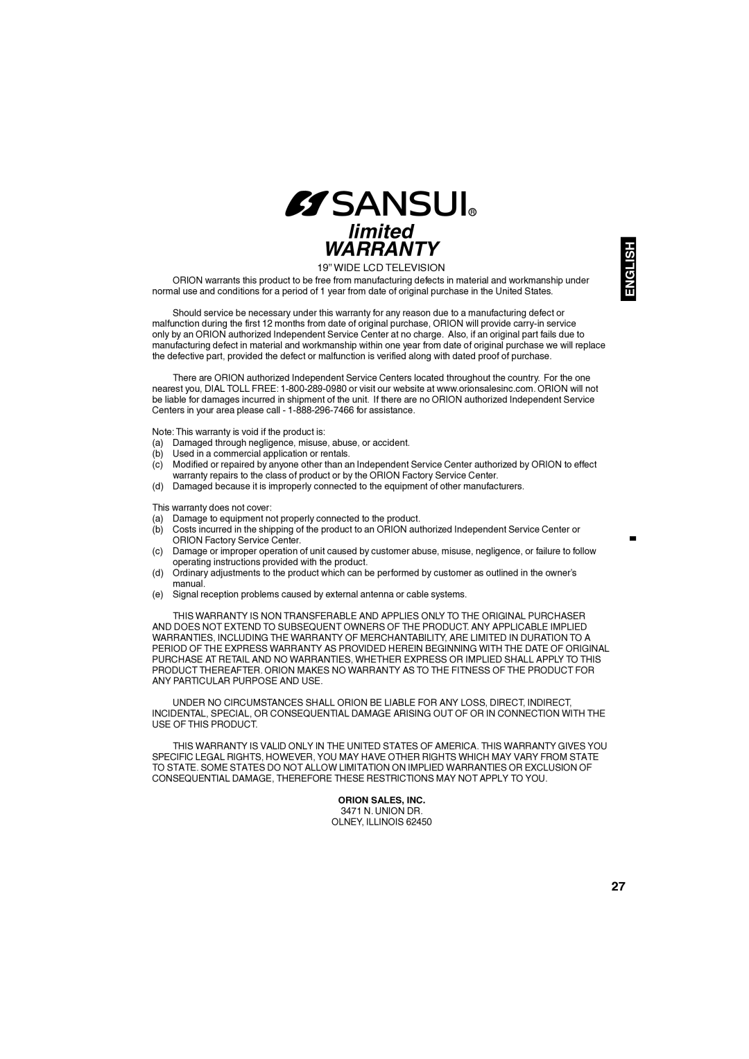 Sansui SLED1980 owner manual Orion SALES, INC, 3471 N. Union DR 