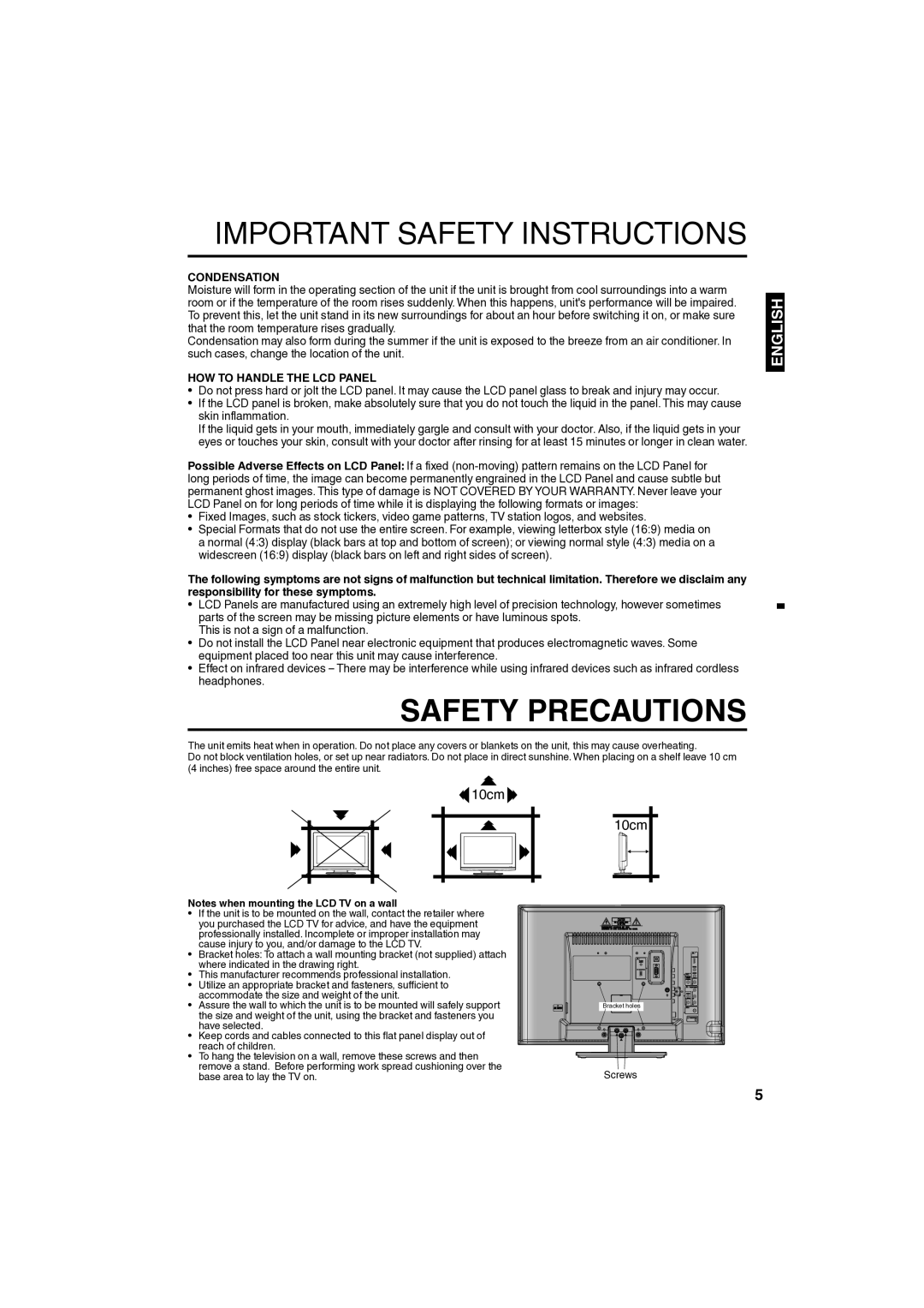 Sansui SLED1980 owner manual Condensation, HOW to Handle the LCD Panel 