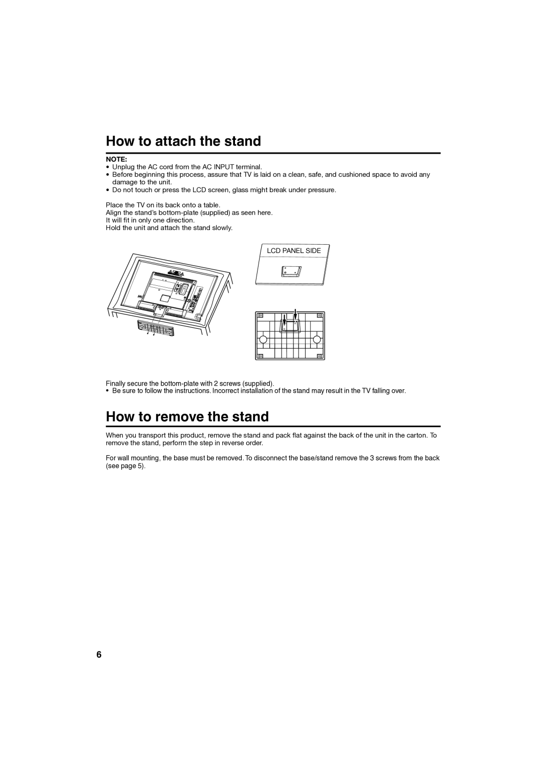 Sansui SLED1980 owner manual How to attach the stand, How to remove the stand 