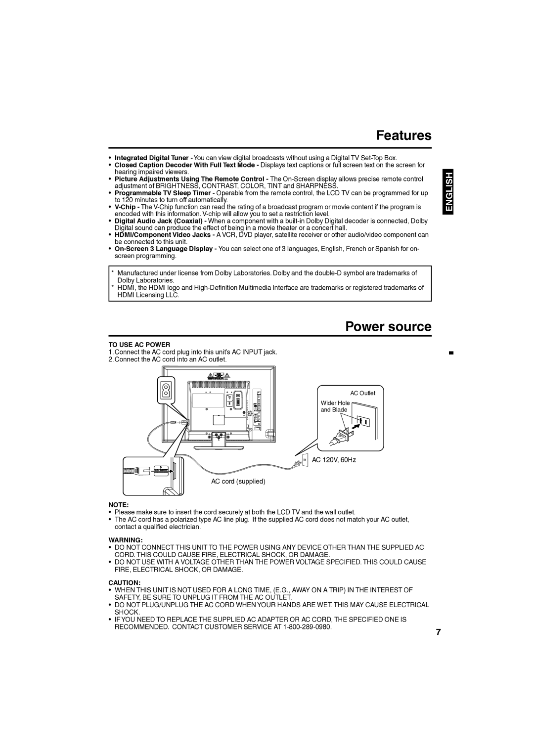 Sansui SLED1980 owner manual Features, Power source, To USE AC Power 