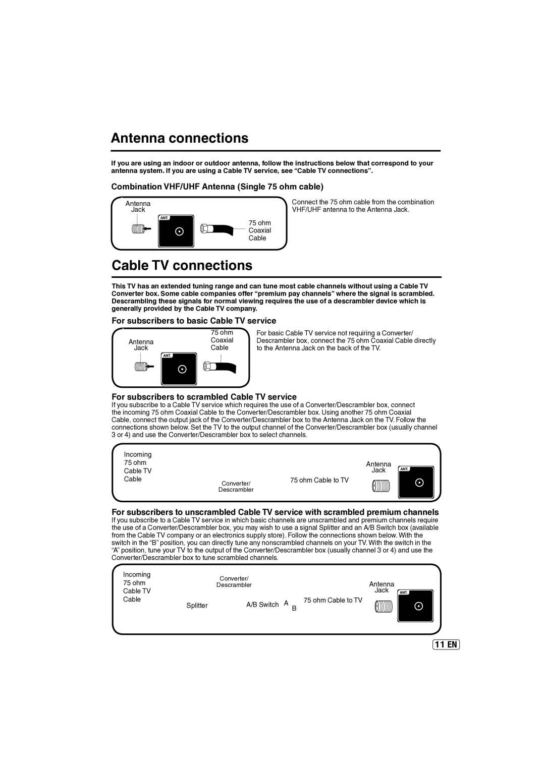 Sansui SLED2237 owner manual Antenna connections, Cable TV connections 