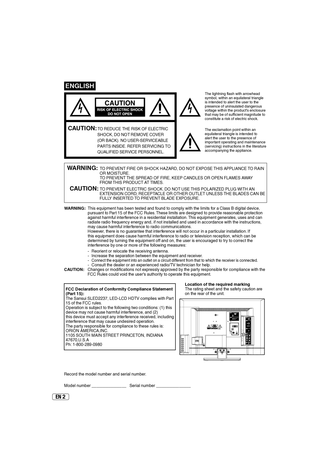 Sansui SLED2237 owner manual Part, On the rear of the unit, Orion AMERICA,INC South Main Street PRINCETON, Indiana 