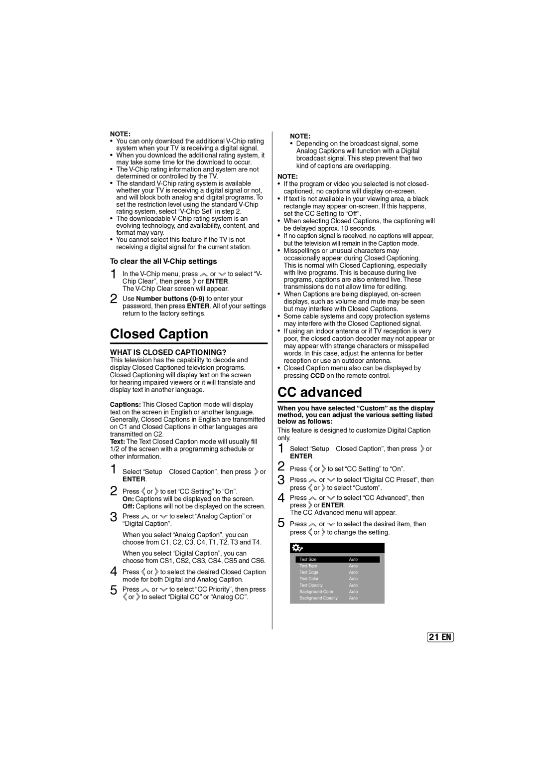 Sansui SLED2237 owner manual Closed Caption, CC advanced, To clear the all V-Chip settings 