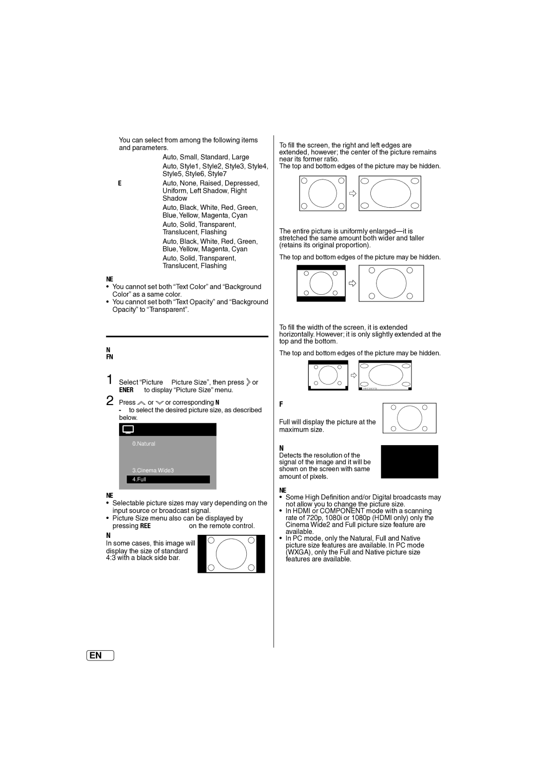 Sansui SLED2237 owner manual Setting the picture size, Selecting the picture size, Natural, Full for 169 source programs 