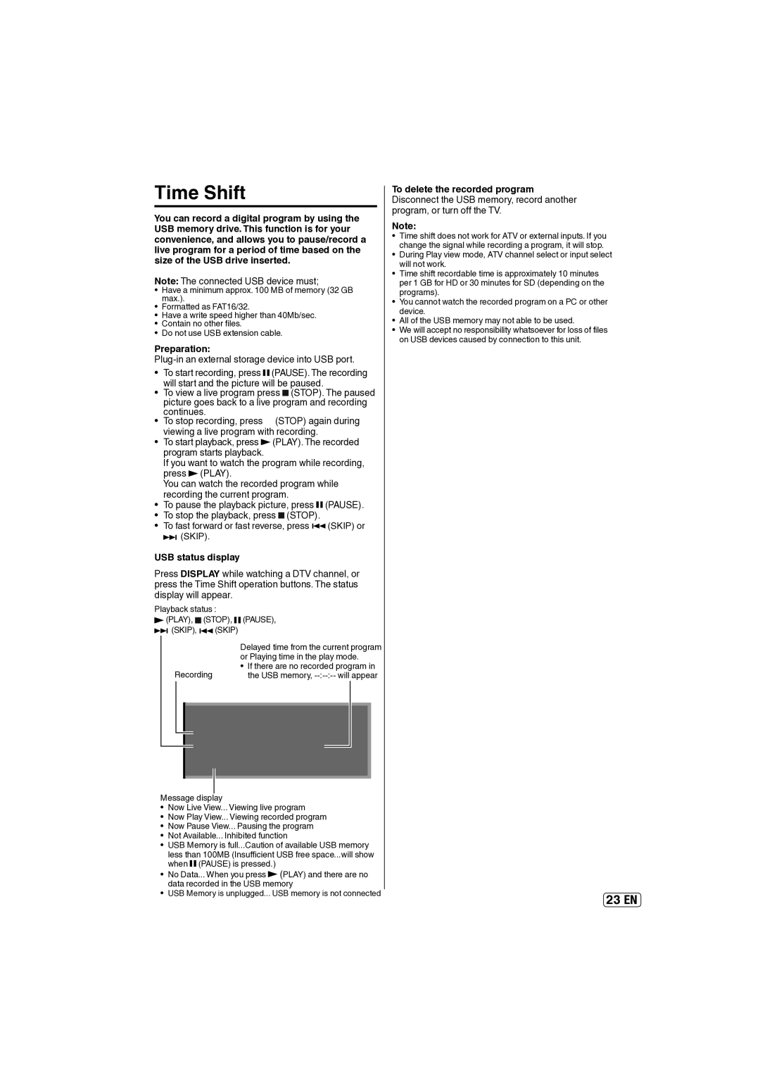 Sansui SLED2237 owner manual Time Shift, Preparation, USB status display 