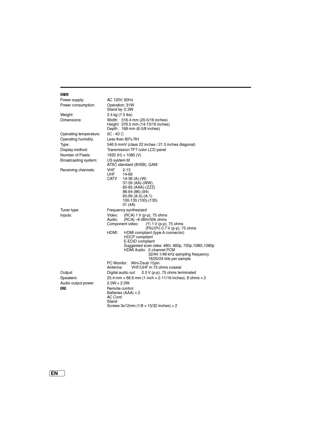 Sansui SLED2237 owner manual Specifications, General, Accessories 