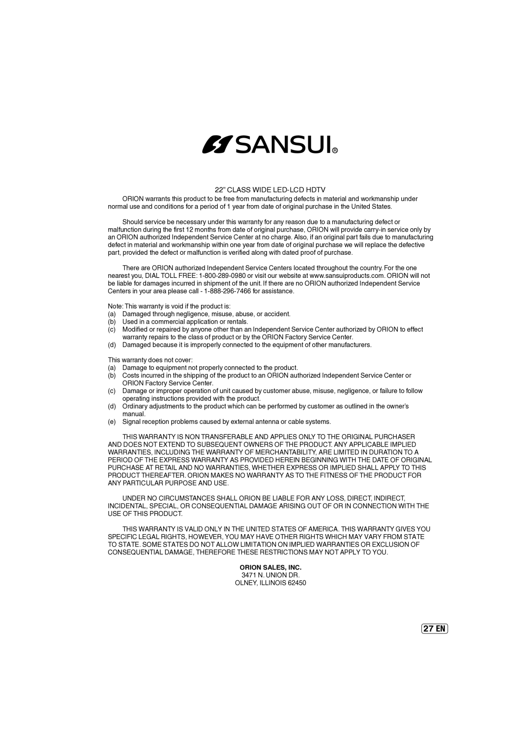 Sansui SLED2237 owner manual Orion SALES, INC, 3471 N. Union DR, OLNEY, Illinois 