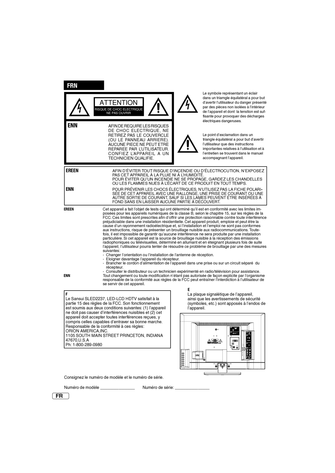 Sansui SLED2237 owner manual Français, Emplacement des étiquettes 