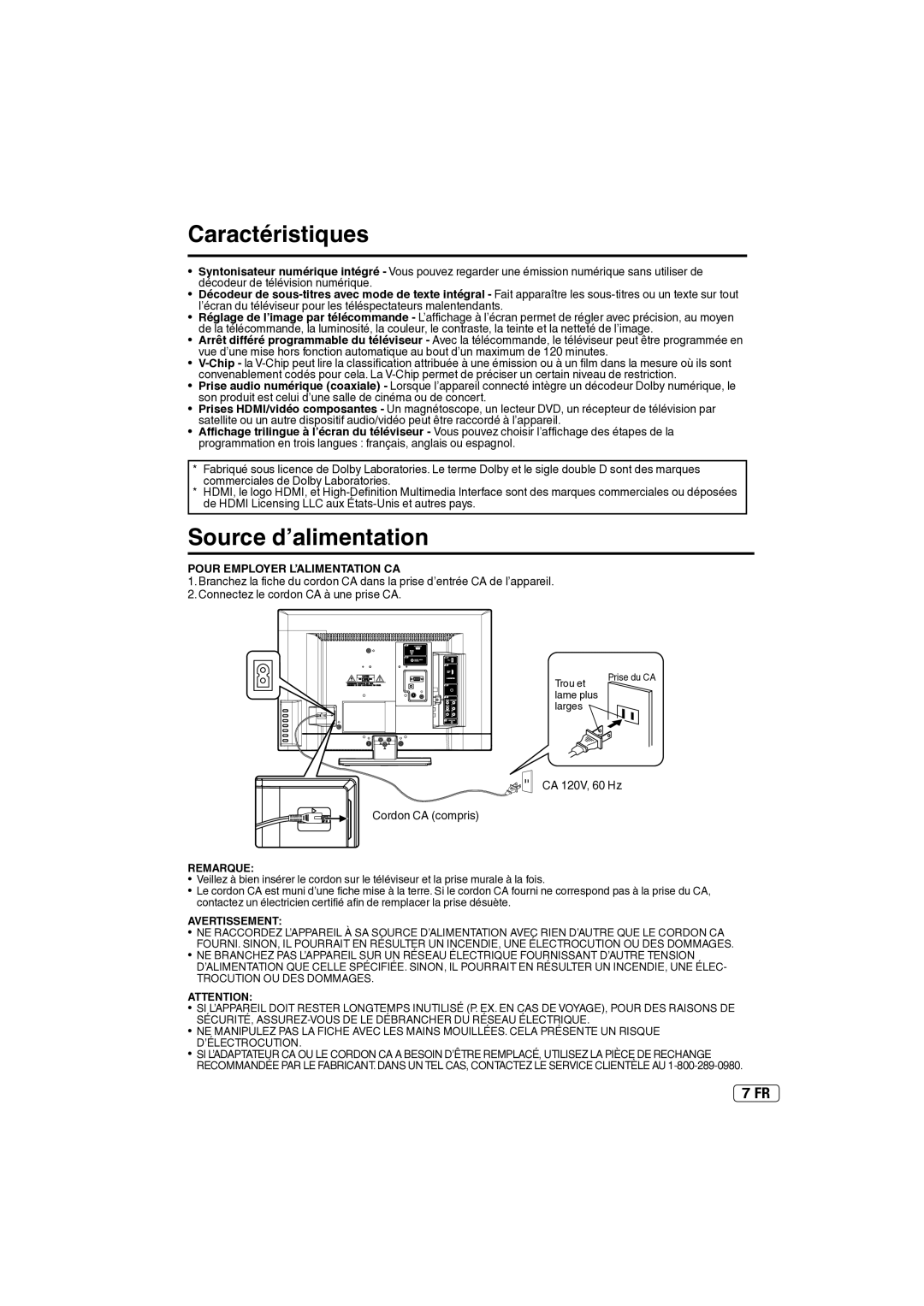 Sansui SLED2237 Caractéristiques, Source d’alimentation, Pour Employer L’ALIMENTATION CA, CA 120V, 60 Hz Cordon CA compris 