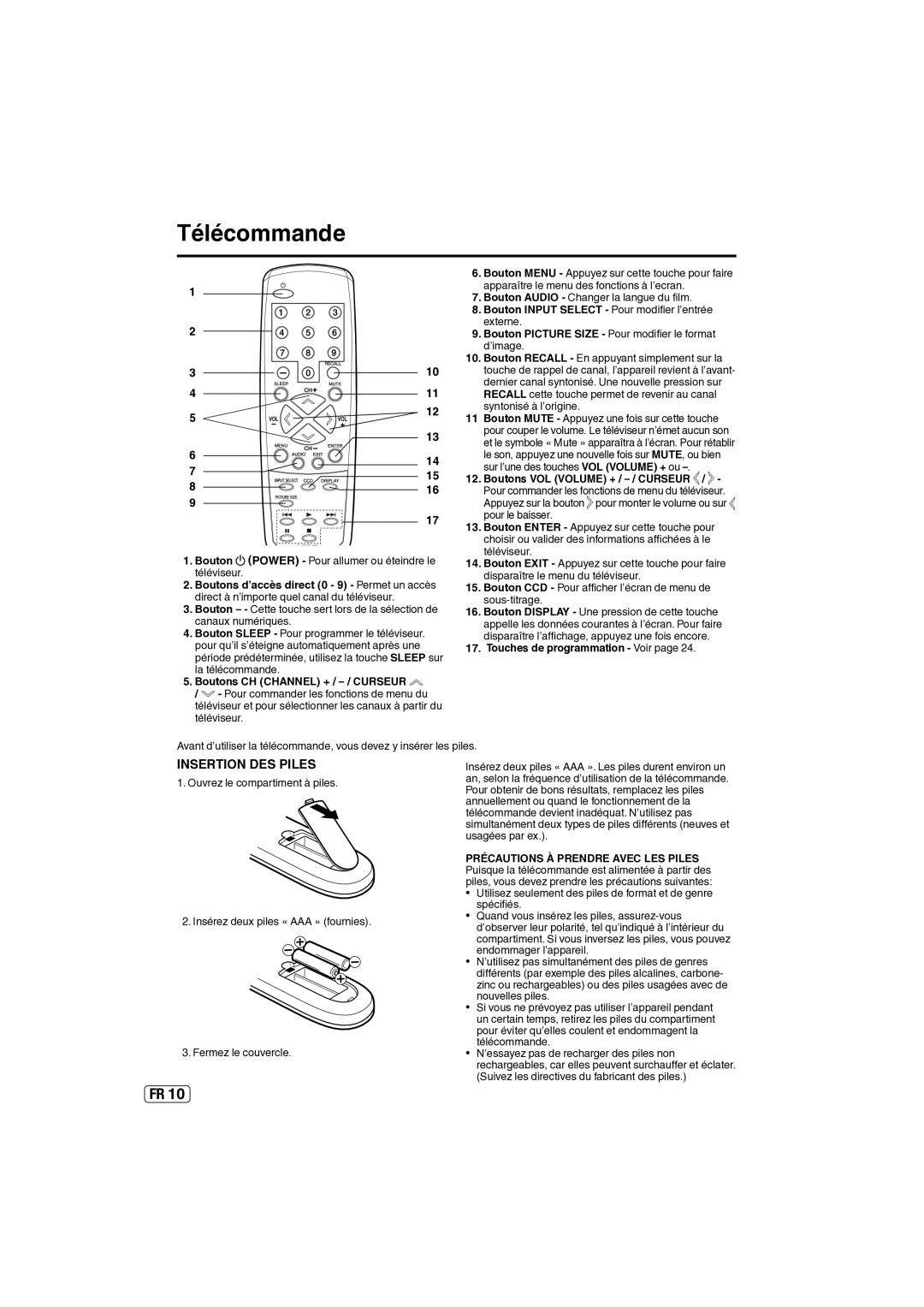 Sansui SLED2237 owner manual Télécommande, Bouton Picture Size Pour modifier le format 