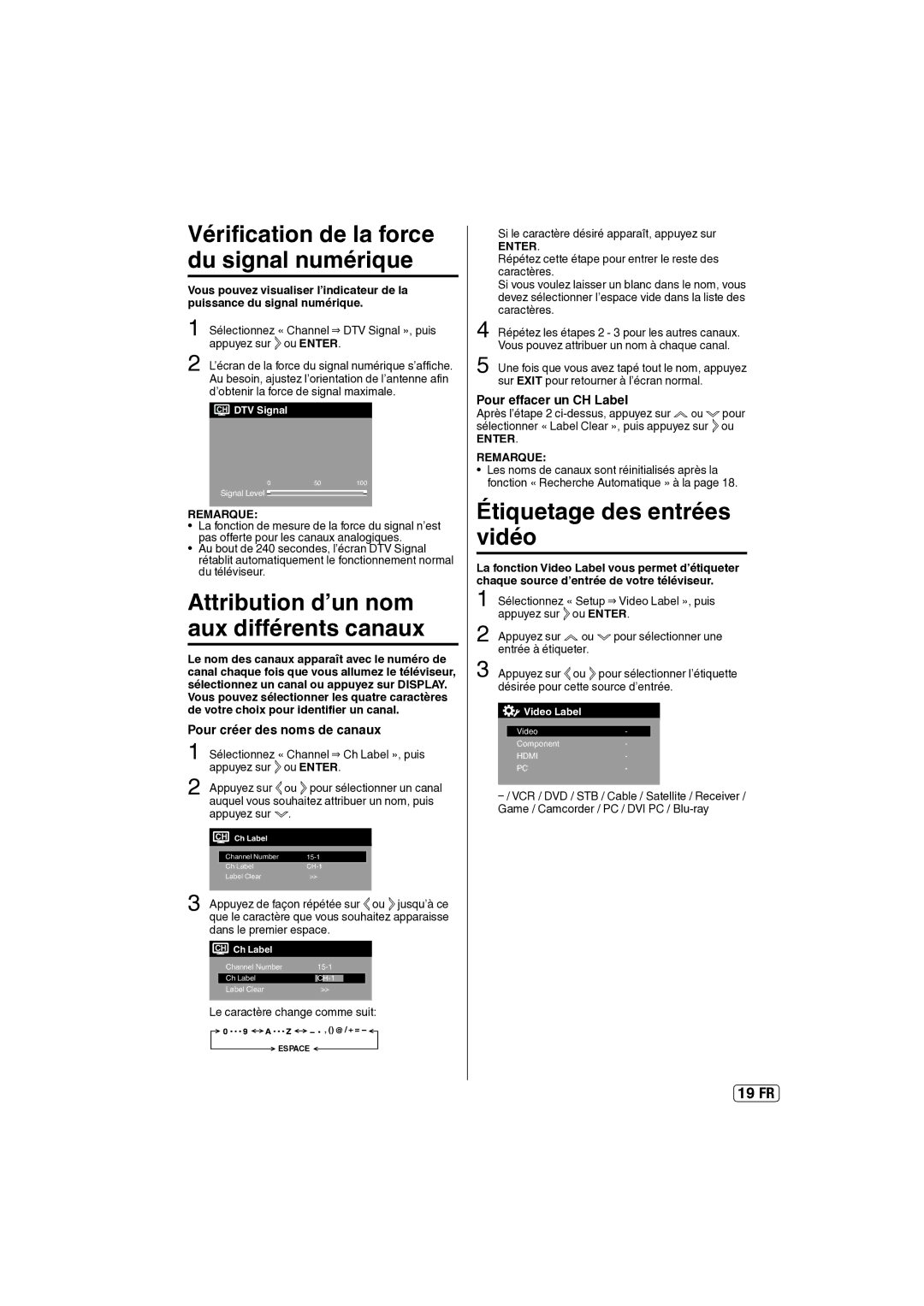 Sansui SLED2237 owner manual Vérification de la force du signal numérique, Attribution d’un nom aux différents canaux 