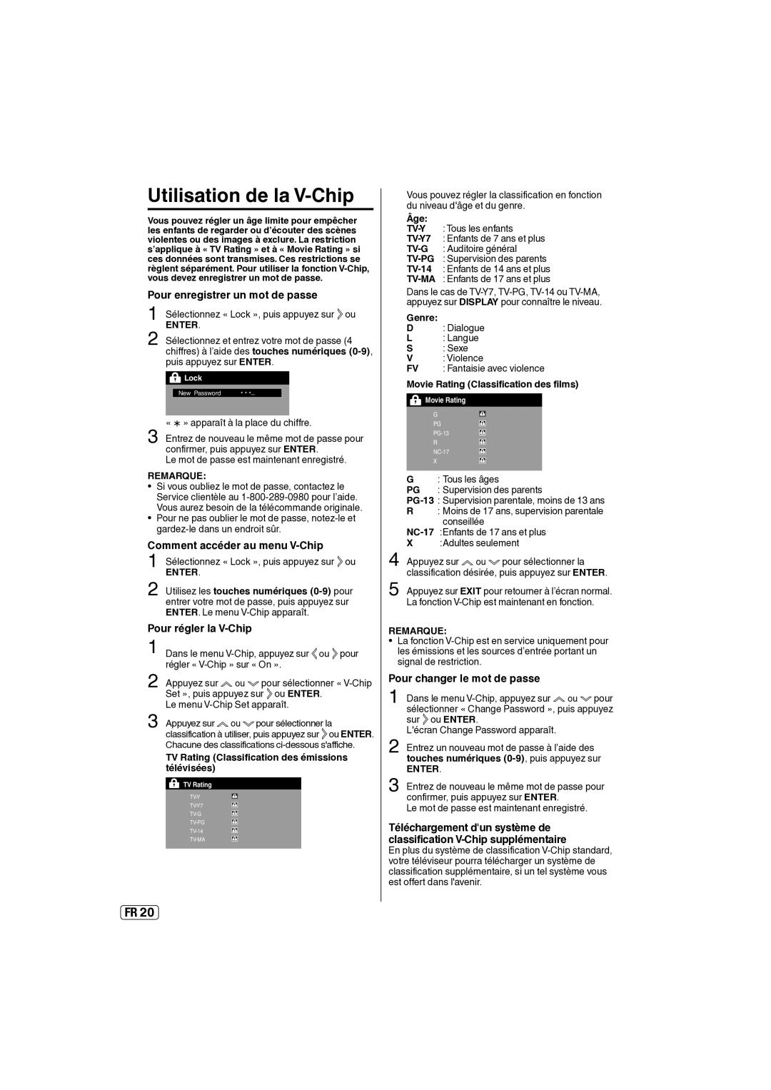 Sansui SLED2237 owner manual Utilisation de la V-Chip, Pour enregistrer un mot de passe, Comment accéder au menu V-Chip 