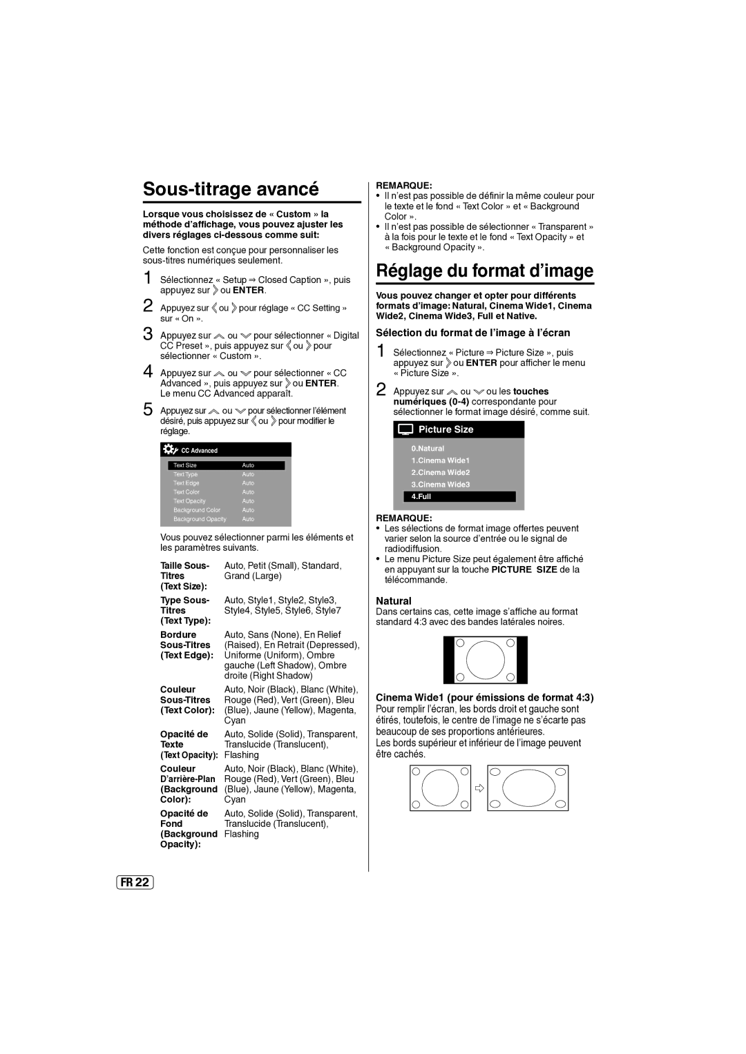 Sansui SLED2237 owner manual Sous-titrage avancé, Réglage du format d’image, Sélection du format de l’image à l’écran 