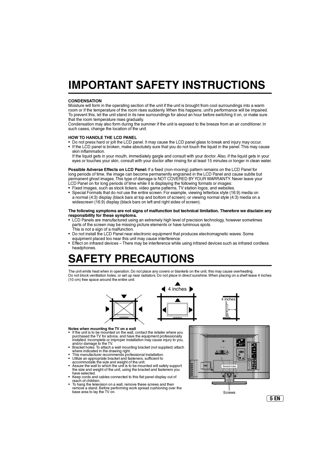 Sansui SLED2237 owner manual Condensation, HOW to Handle the LCD Panel 