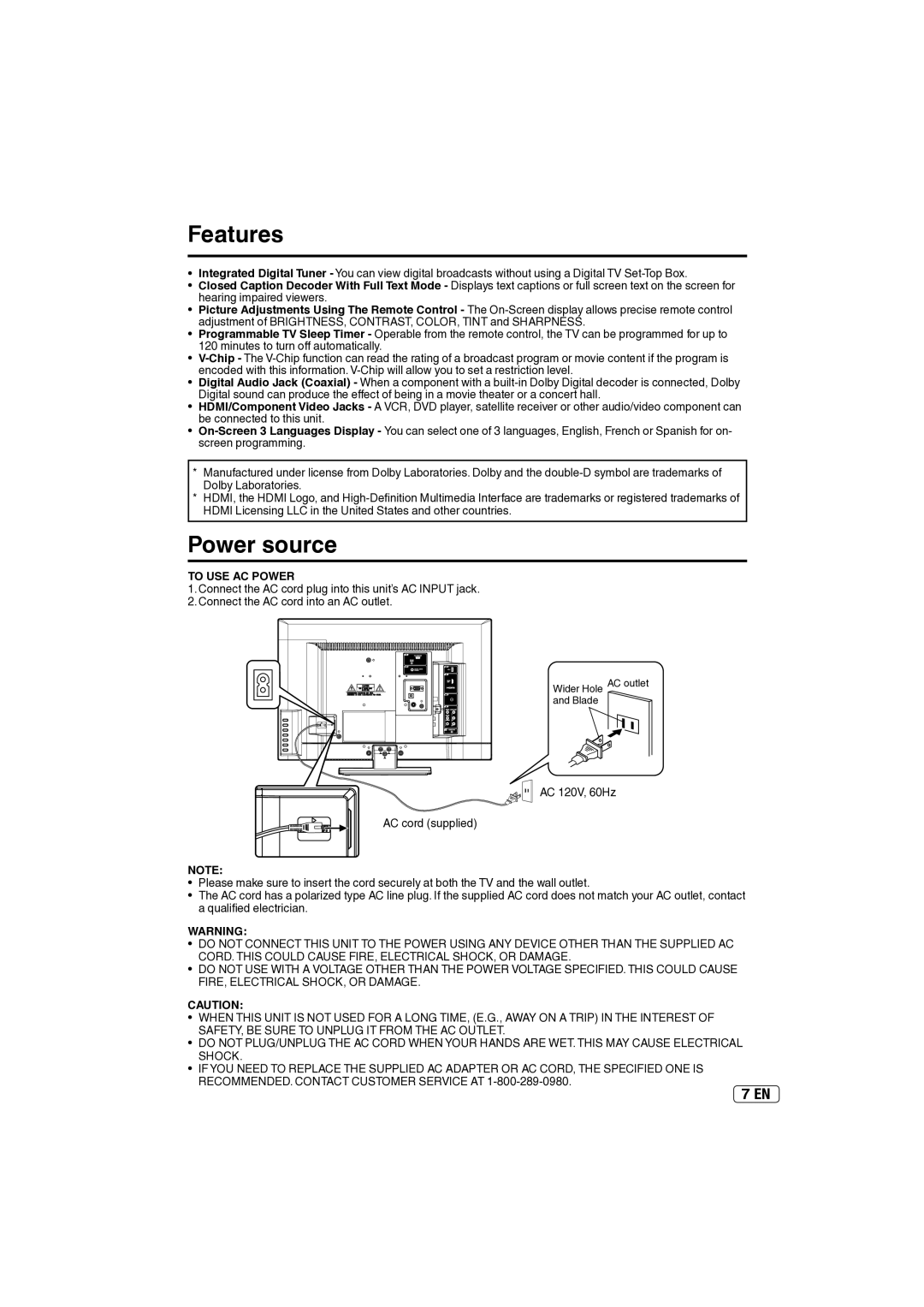 Sansui SLED2237 owner manual Features, Power source, To USE AC Power 