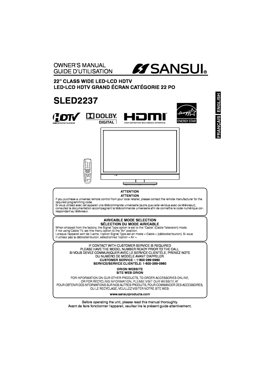 Sansui SLED2237 owner manual Français English, Air/Cable Mode Selection Sélection Du Mode Air/Cable, Site Web Orion 