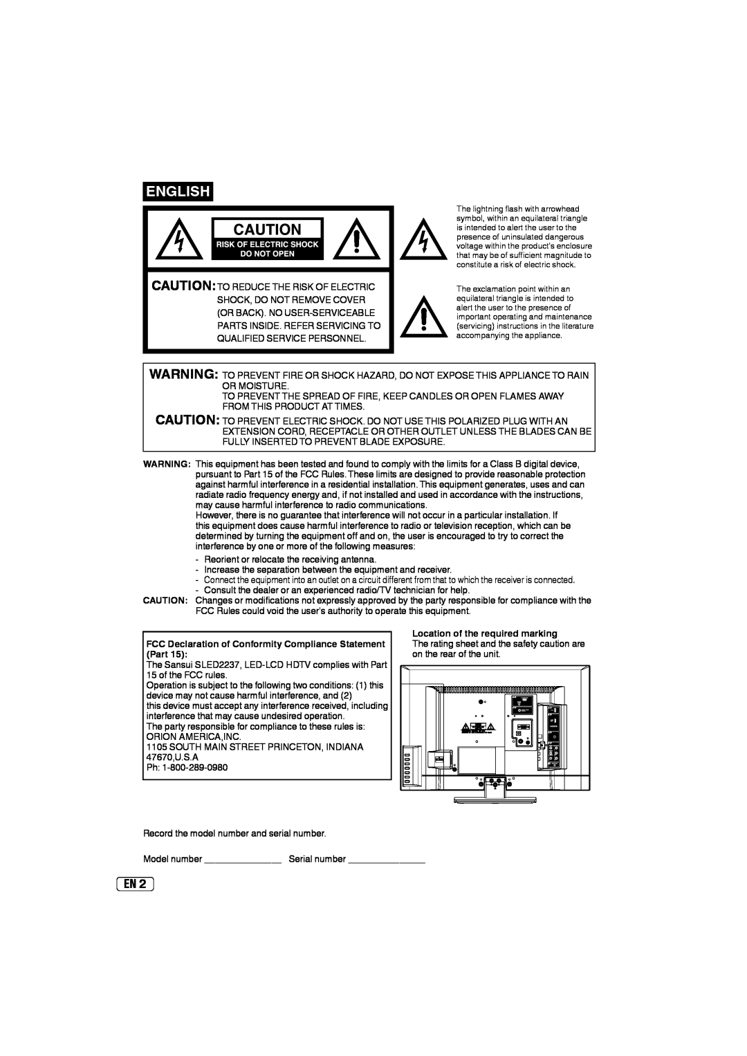 Sansui SLED2237 English, FCC Declaration of Conformity Compliance Statement, Location of the required marking, Part 