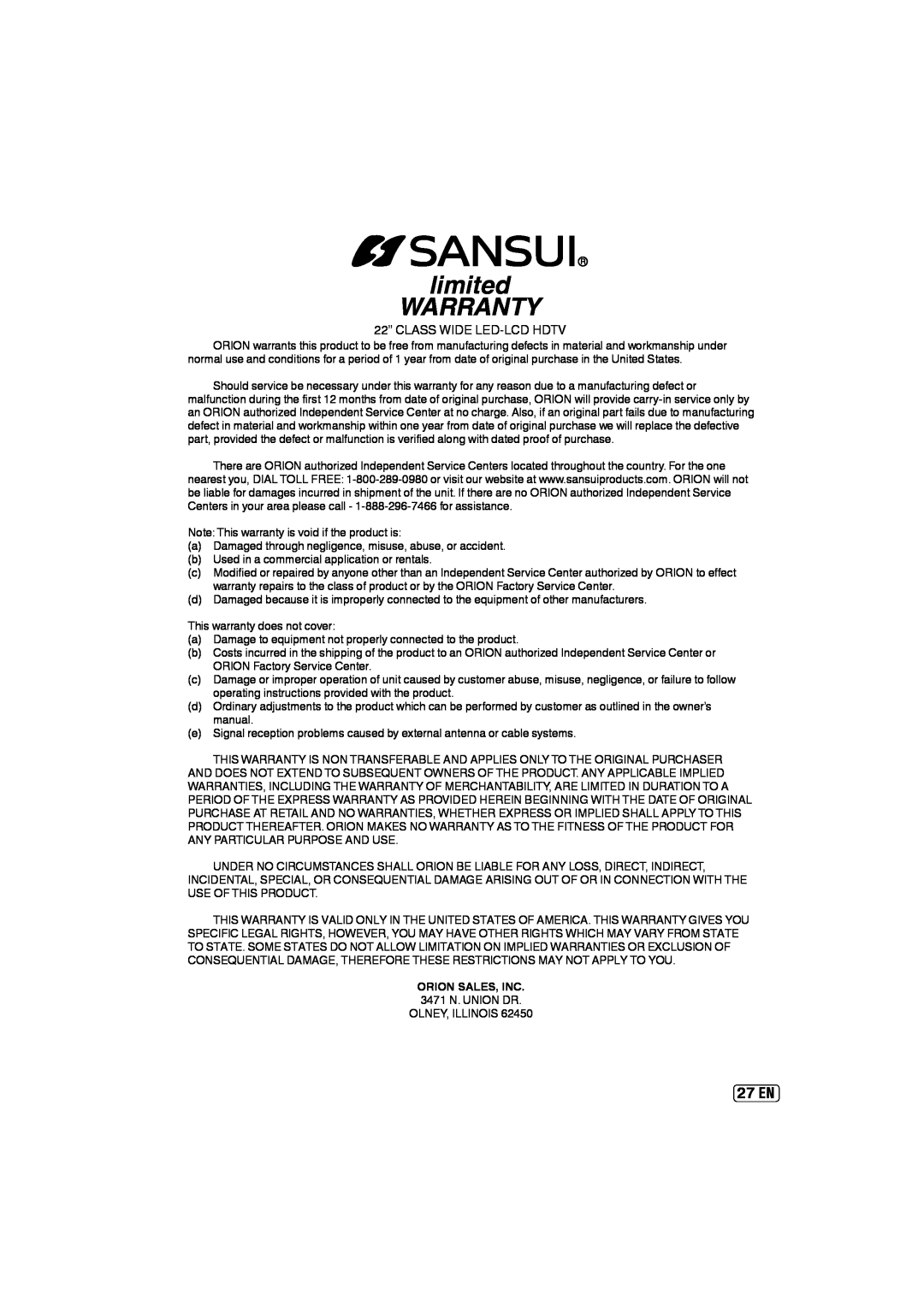 Sansui SLED2237 owner manual 27 EN, limited WARRANTY, Orion Sales, Inc 