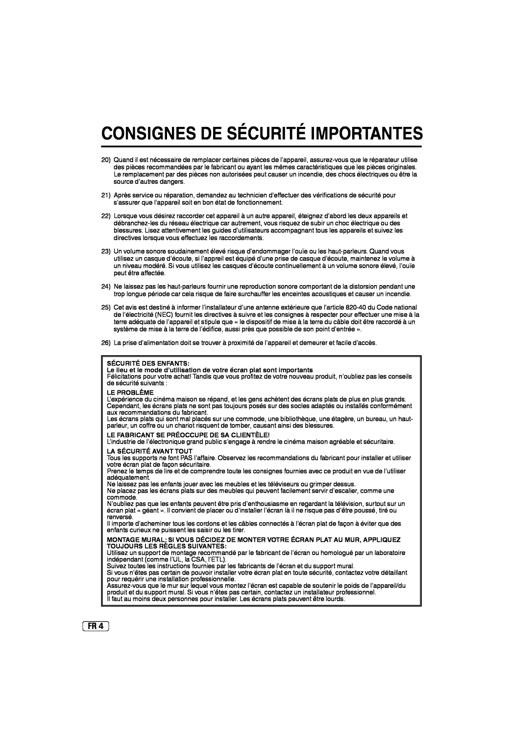 Sansui SLED2237 owner manual Consignes De Sécurité Importantes, Sécurité Des Enfants, Le Problème, La Sécurité Avant Tout 
