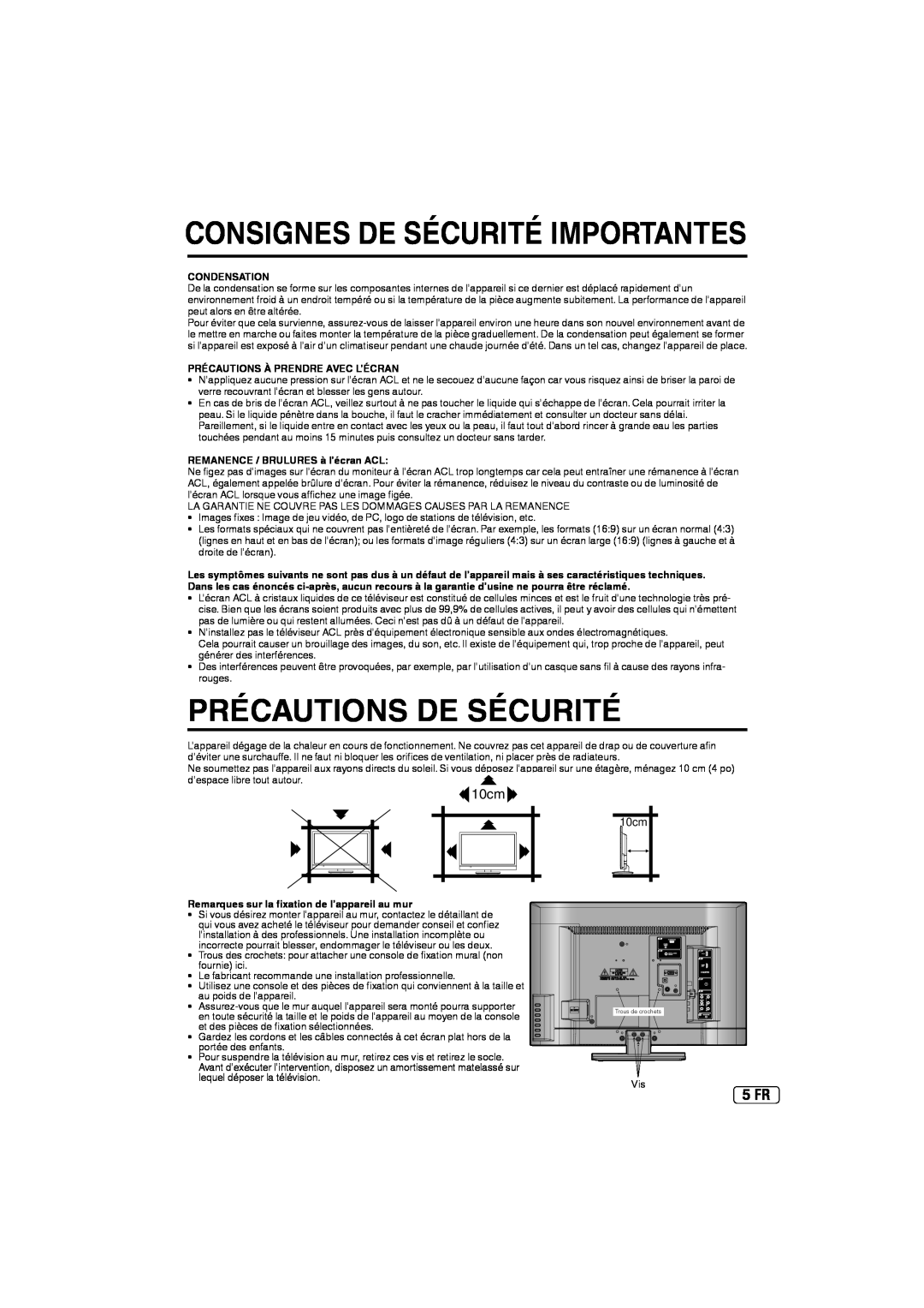 Sansui SLED2237 owner manual Précautions De Sécurité, 10cm, 5 FR, Consignes De Sécurité Importantes, Condensation 