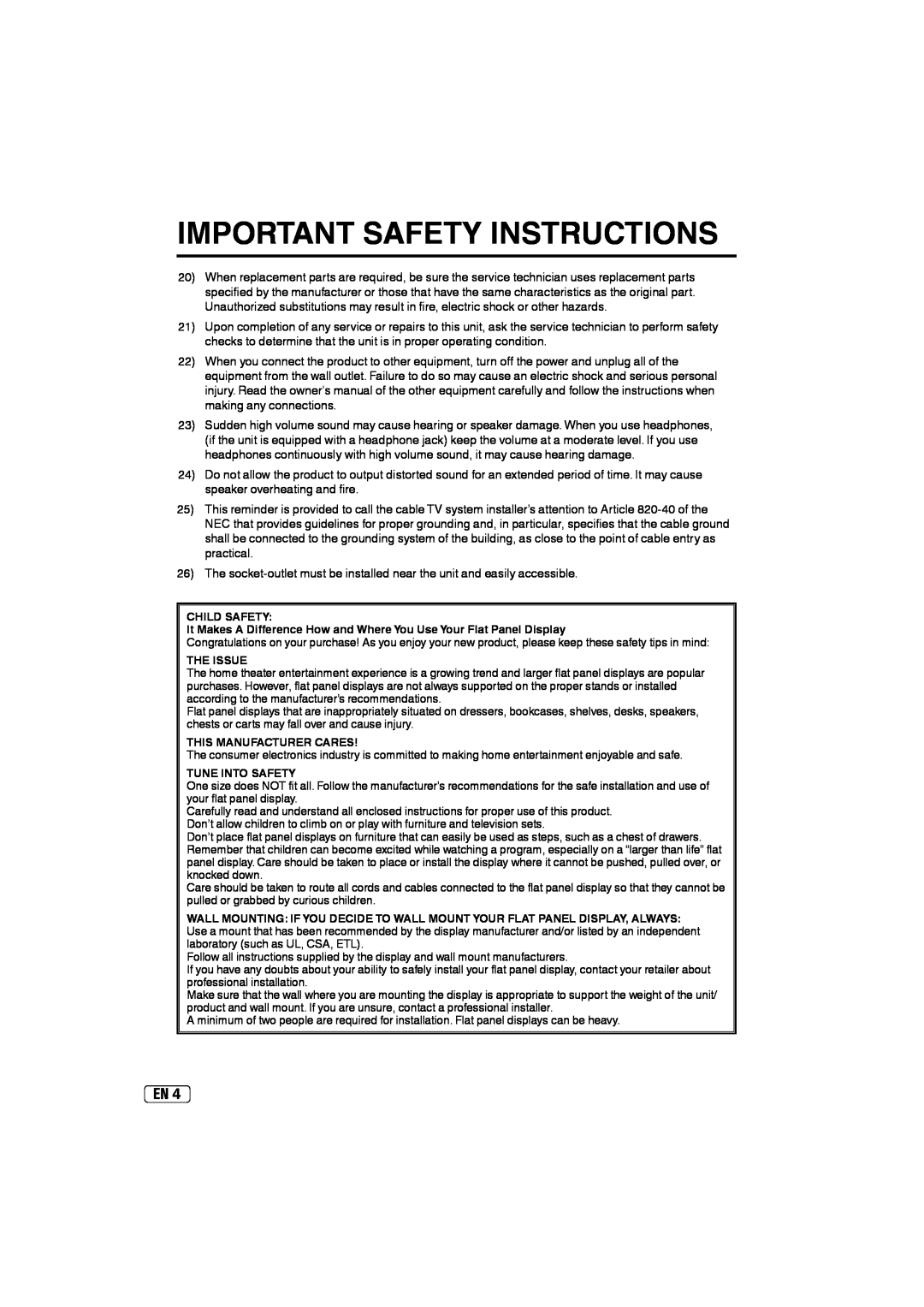 Sansui SLED2237 Important Safety Instructions, Child Safety, The Issue, This Manufacturer Cares, Tune Into Safety 