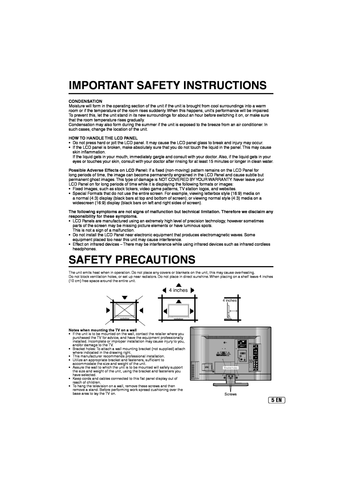 Sansui SLED2237 Safety Precautions, 5 EN, inches, Important Safety Instructions, Condensation, How To Handle The Lcd Panel 