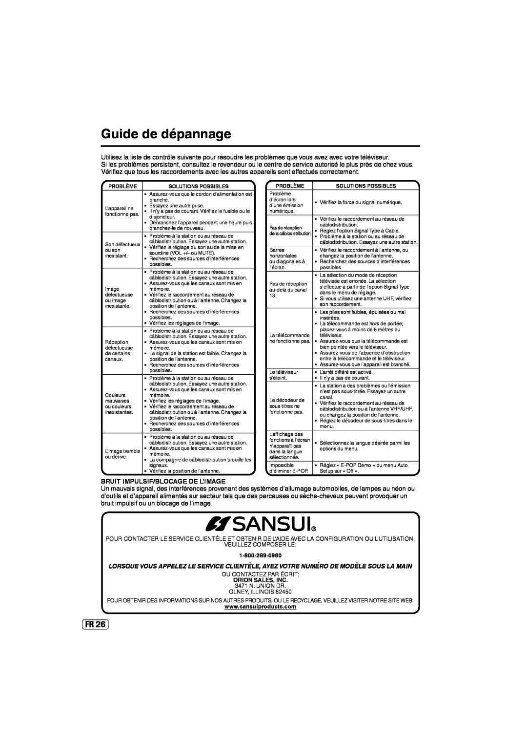 Sansui SLED2237 owner manual Guide de dépannage, Bruit Impulsif/Blocage De L’Image 